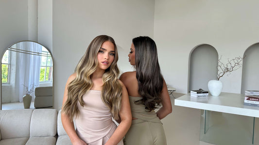 two girls wearing halo extensions