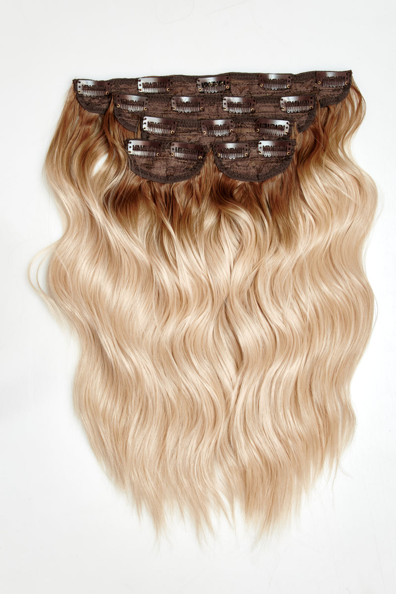 Superdicke 16'' 5-teilige gebürstete Wellen-Clip-In-Haarverlängerungen - BLONDE | VERWURZELTES HELLBLOND #1