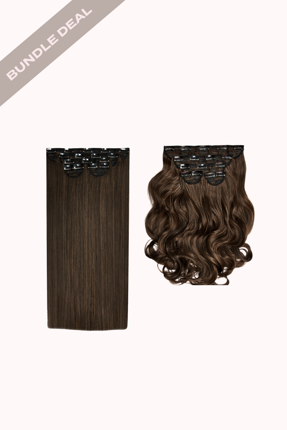 Super Thick 22" Straight + Super Thick 22" Natural Wavy Clip in Hair Extensions Bundle - BROWNS | DARK BROWN & CARAMEL #1