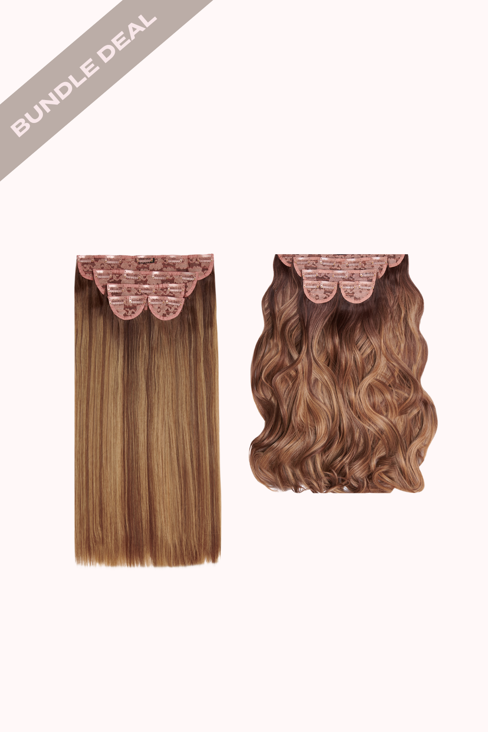 Super Thick 22" Straight + Super Thick 22" Natural Wavy Clip in Hair Extensions Bundle - BROWNS | ROOTED MELLOW BROWN #1