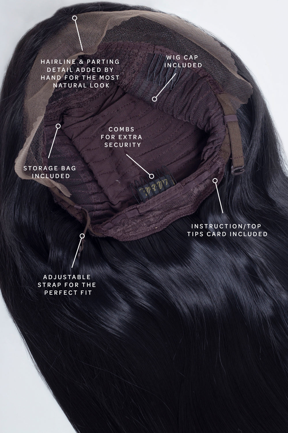 The Kourtney - Perruque longue et droite en dentelle noire de jais sur le devant